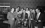 Barrhead News: Barrhead Boys Club make football draw in the Flying Horse Pub in Main Street. 28th March 1983.